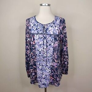 Vintage American Floral Shirt V-Neck Tasseled Pullover